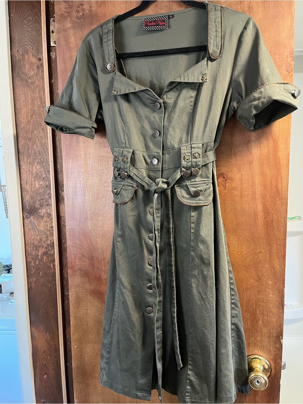 Voodoo Vixen Olive Green Button-Front Utility Midi Dress, Halloween, Military